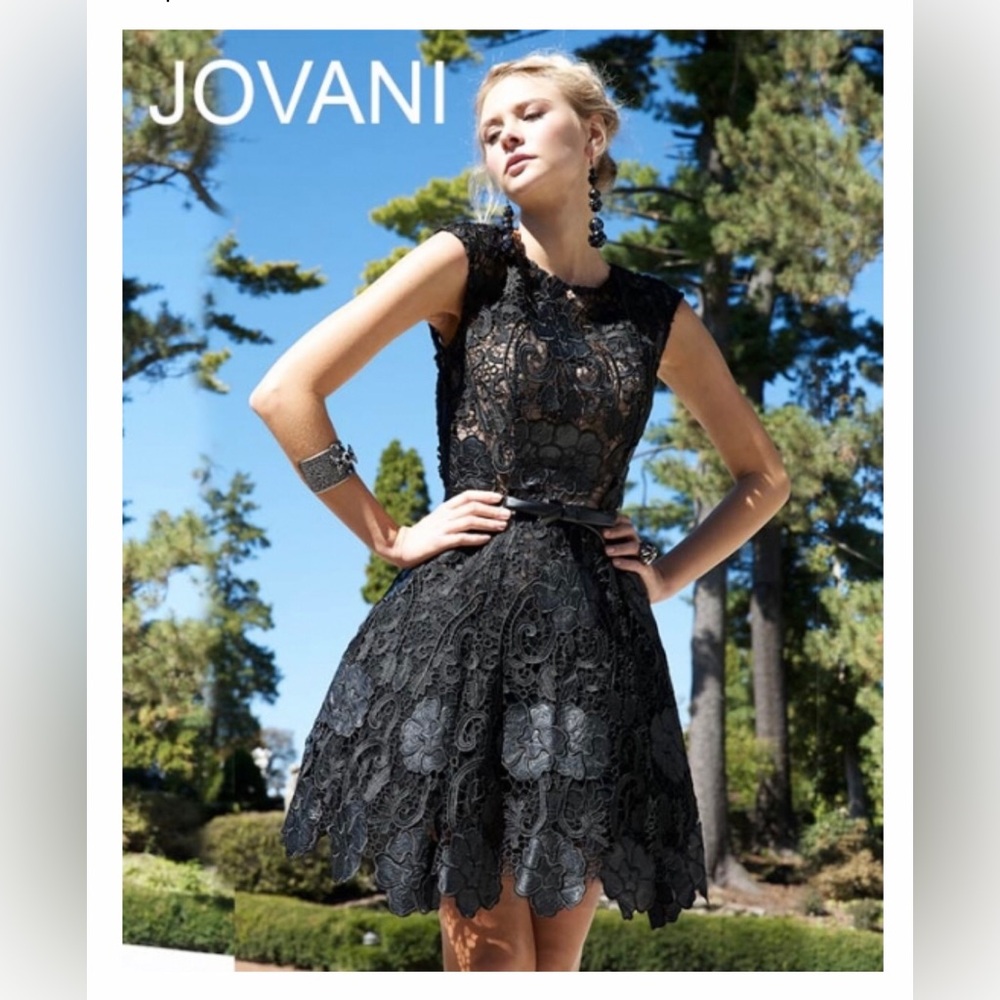 Jovani Sz-00 Short Black Floral Scallop Lace & Leather Edgy Romantic Party Dress